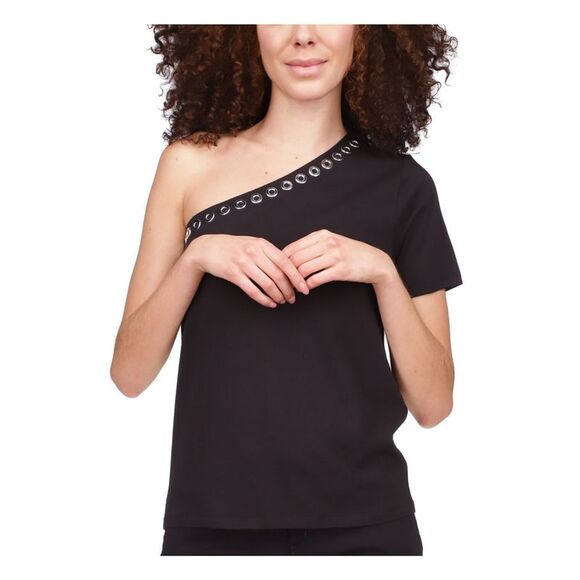 MICHAEL KORS Tops - MICHAEL KORS Womens Black Short Sleeve Asymmetrical Neckline Top L